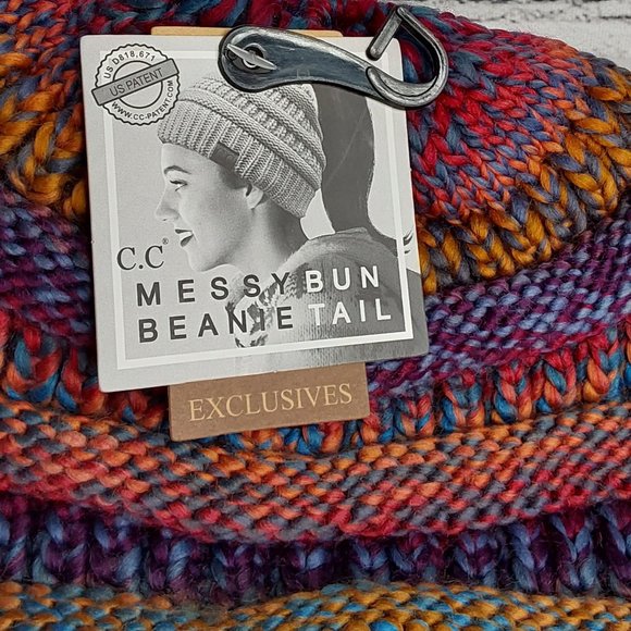 'C.C BEANIE' MESSY BUN BEANIE TAIL' VARIEGATED STRIPE - Picture 2 of 16